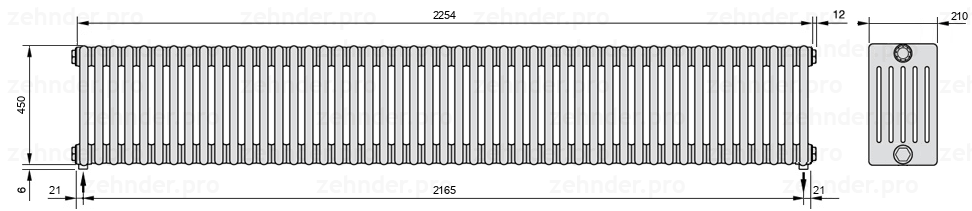 Схема (чертеж) Радиатор Zehnder Charleston 6045/49 №3570 Белый глянцевый RAL 9016